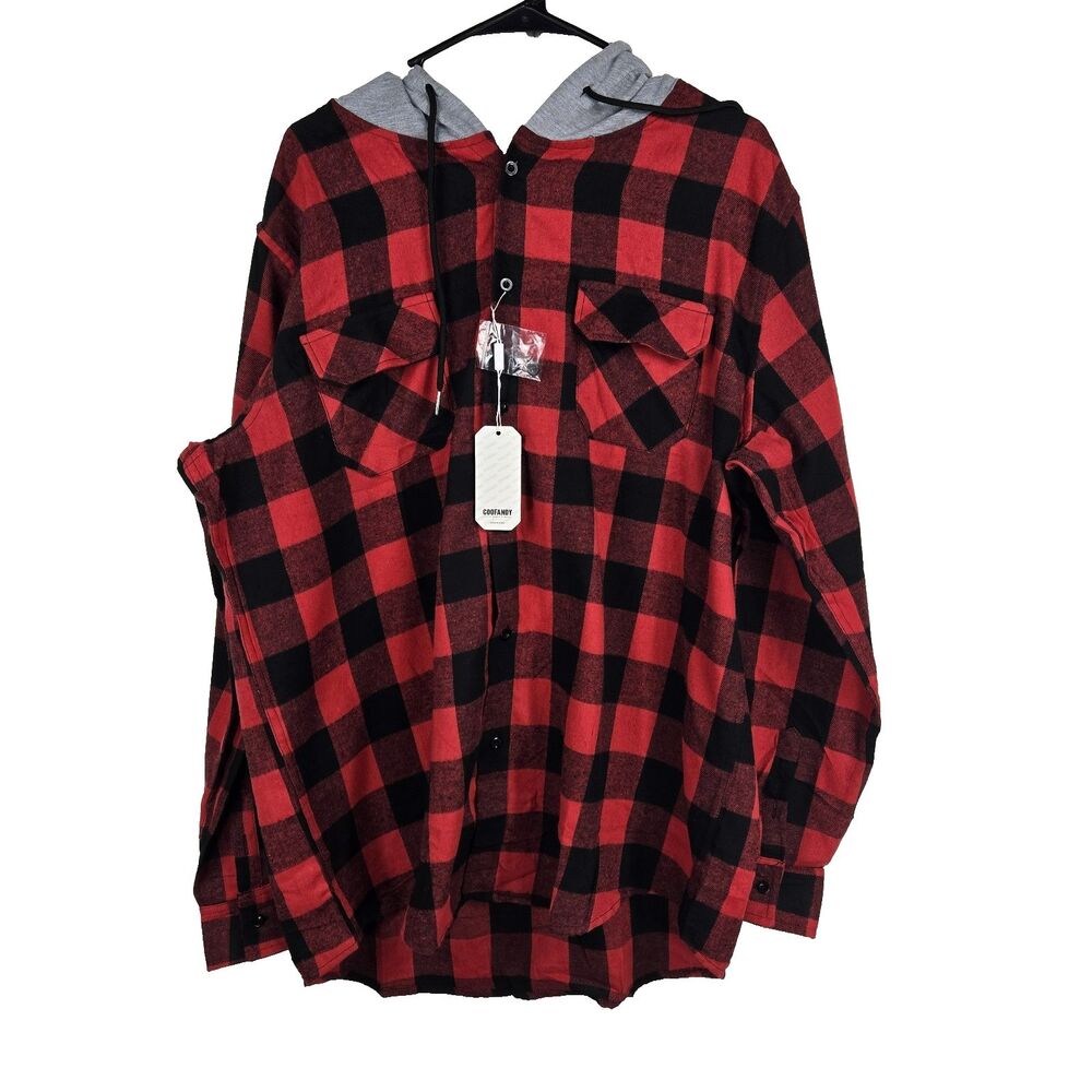Coofandy Men's Size XL Black Red Plaid Flannel Button Up Hoodie Shirt‎ NWT